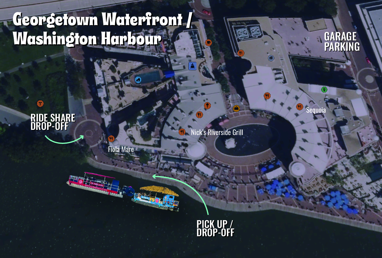 For Georgetown cruises, passengers will be picked up and dropped off on the docks at Washington Harbour right outside of Nick’s Riverside Grill.