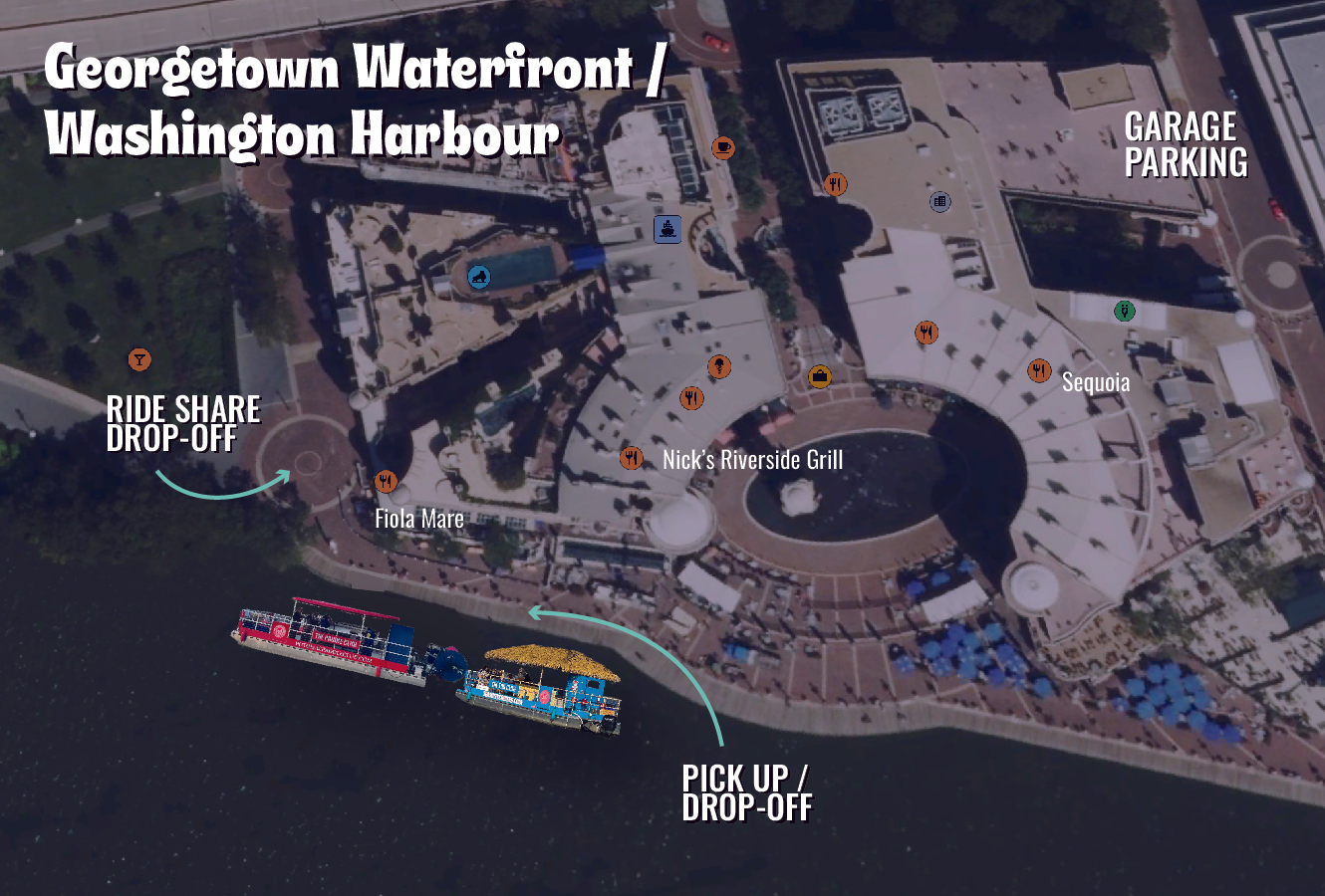 For Georgetown cruises, passengers will be picked up and dropped off on the docks at Washington Harbour right outside of Nick’s Riverside Grill.