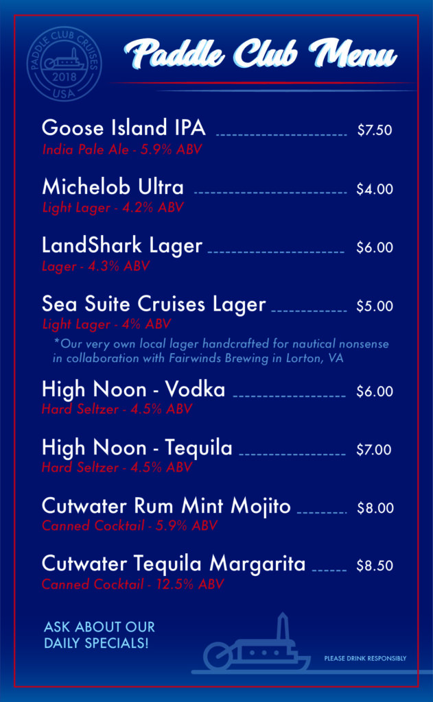 Paddle Club Alcohol Menu - Sea Suite Cruises. Drinks - Beers, Cocktails, & Seltzers.