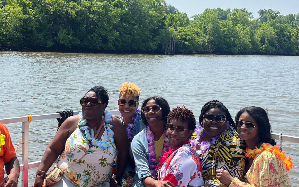 Group photo on a birthday party boat rental in Richmond Virginia.