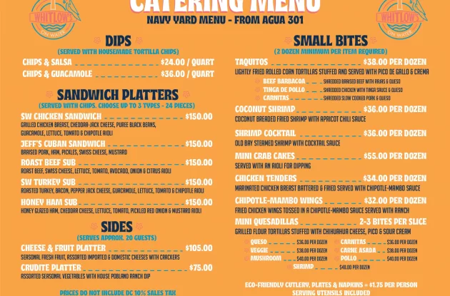 Whitlow's on Water DC Navy Yard Catering Menu