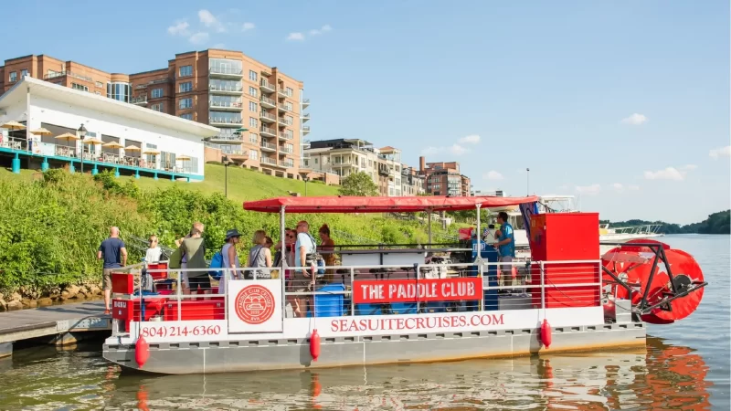 Pontoon paddle boat party cruise in Richmond, VA. Paddle Club RVA by Sea Suite Cruises RVA.