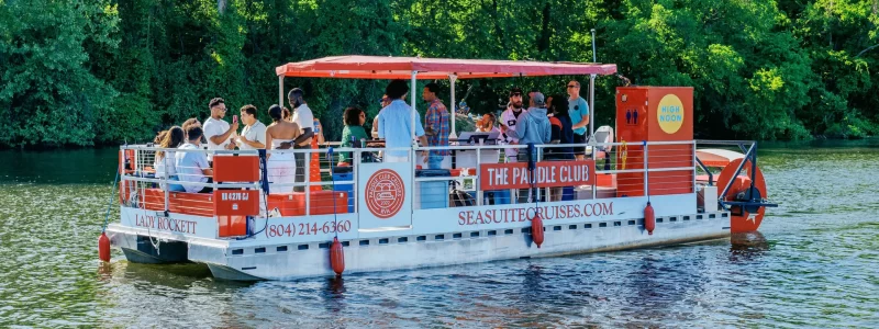 Pontoon paddle boat party cruise in Richmond, VA. Paddle Club RVA by Sea Suite Cruises RVA.