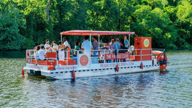 Pontoon paddle boat party cruise in Richmond, VA. Paddle Club RVA by Sea Suite Cruises RVA.