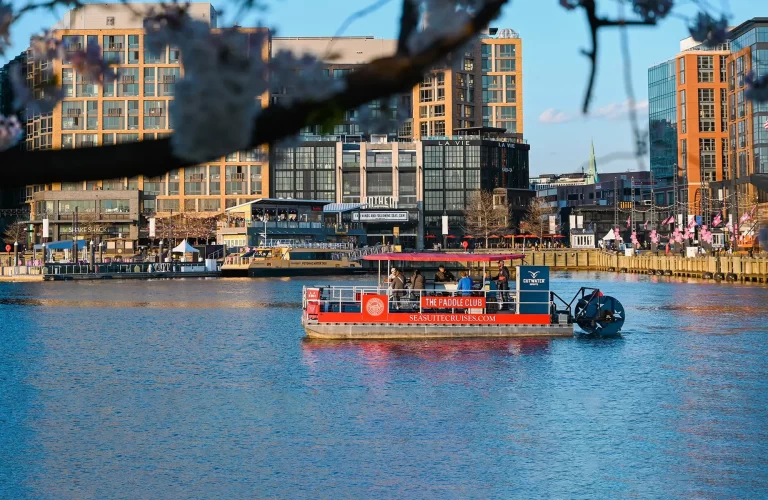 Washington DC Pontoon Paddle Boat party cruise in front of the city. Potomac Paddle Club by Sea Suite Cruises.